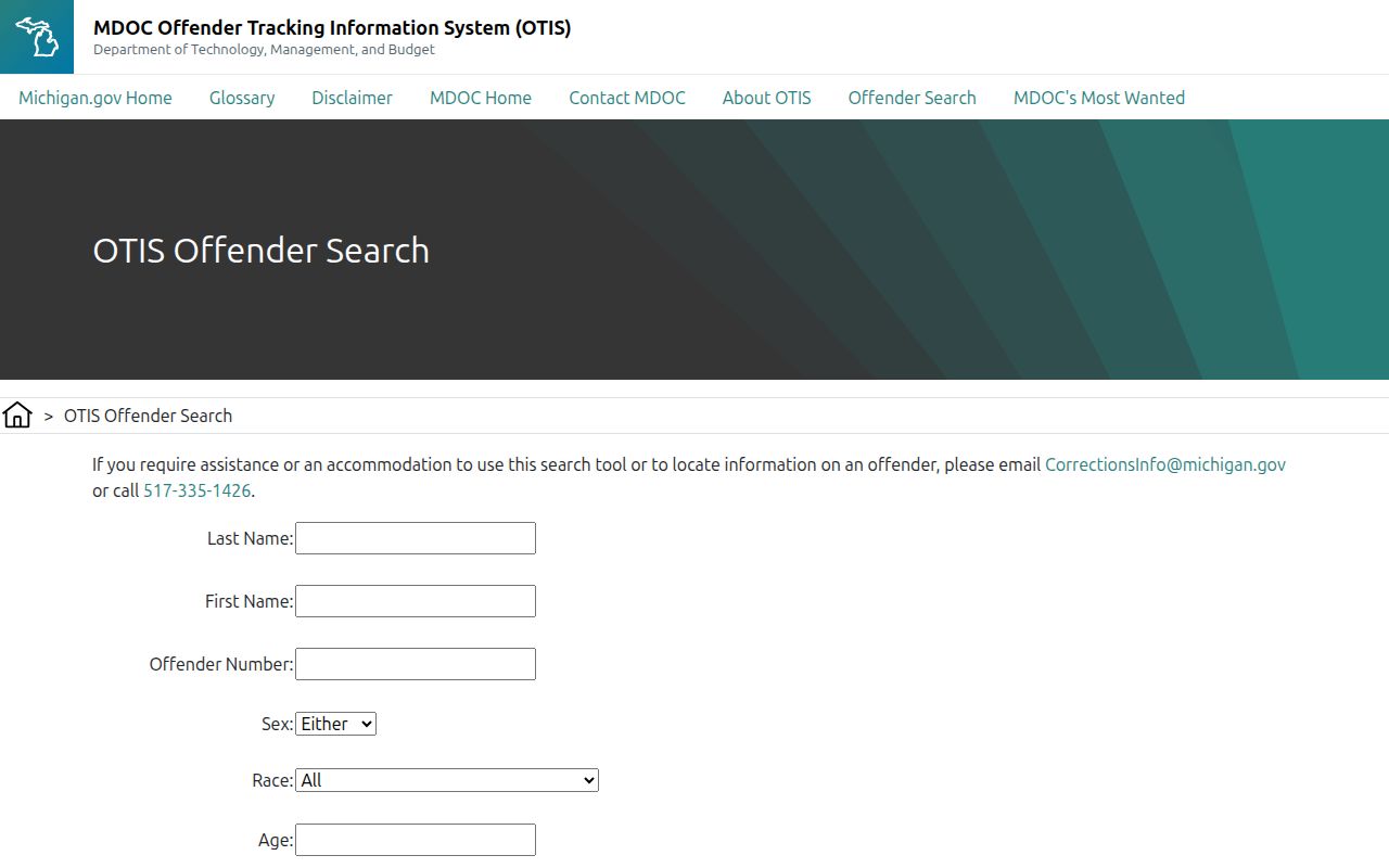 Michigan OTIS search fields for Newaygo County released inmates